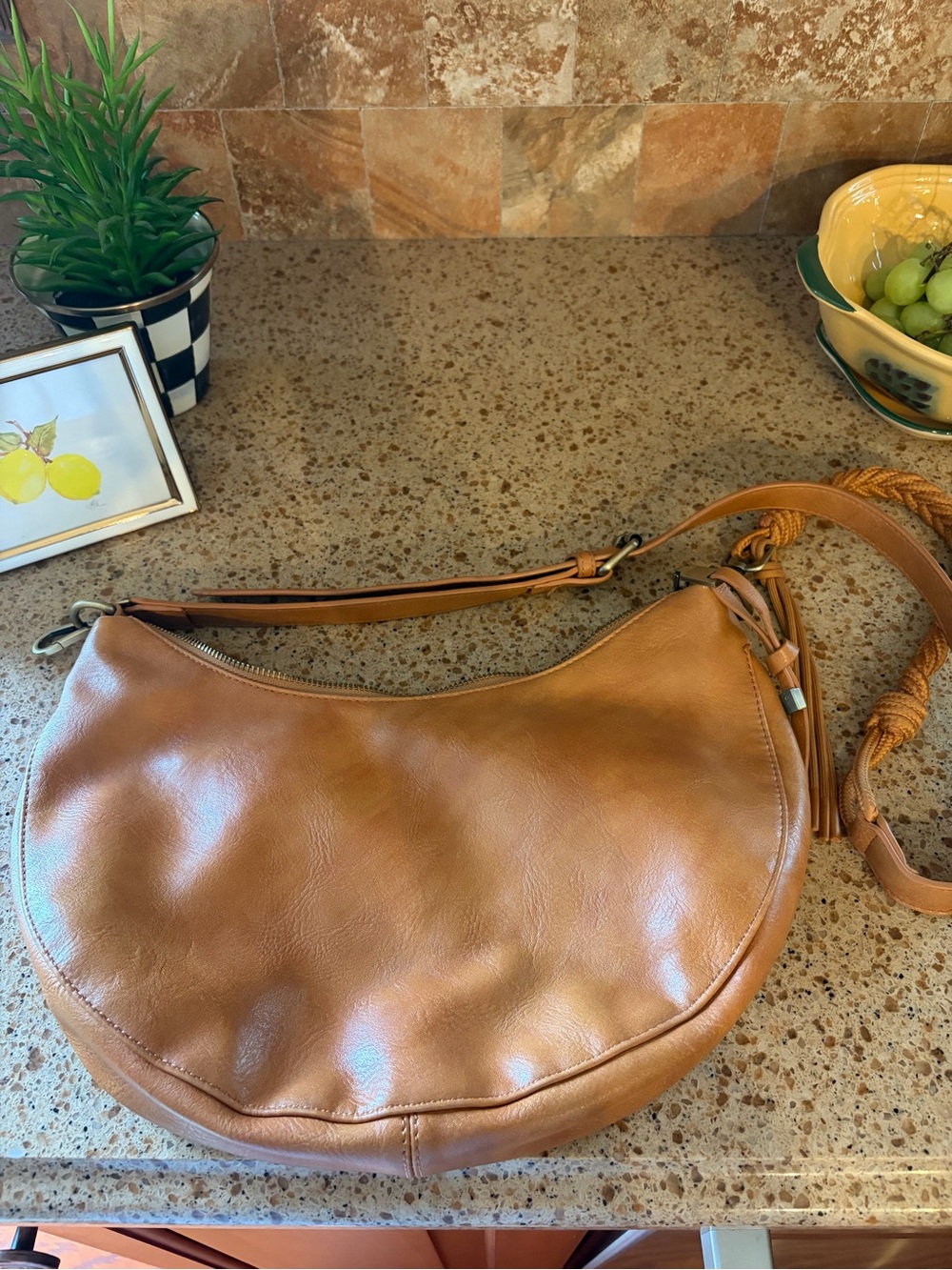 Zara Cognac Crescent Leather Shoulder Bag